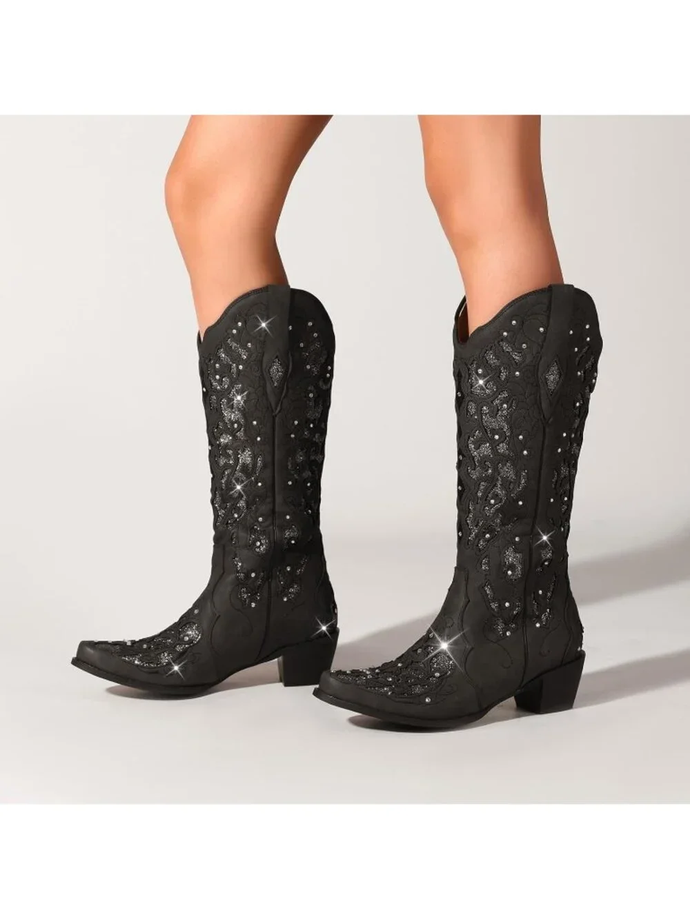 Women's Black Mid Calf Cowgirl Boot Rhinestone Comfortable Chunky Heel Western - Picture 3 of 5